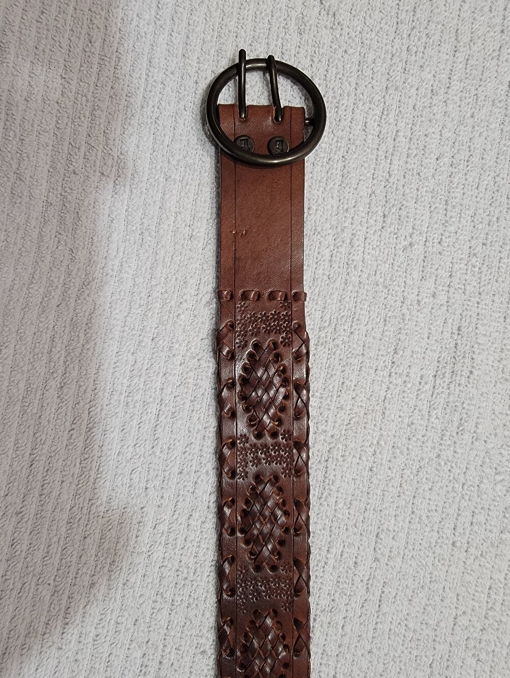Will Brand Women's Braided Tooled Brown Leather Belt with Round Buckle EUC